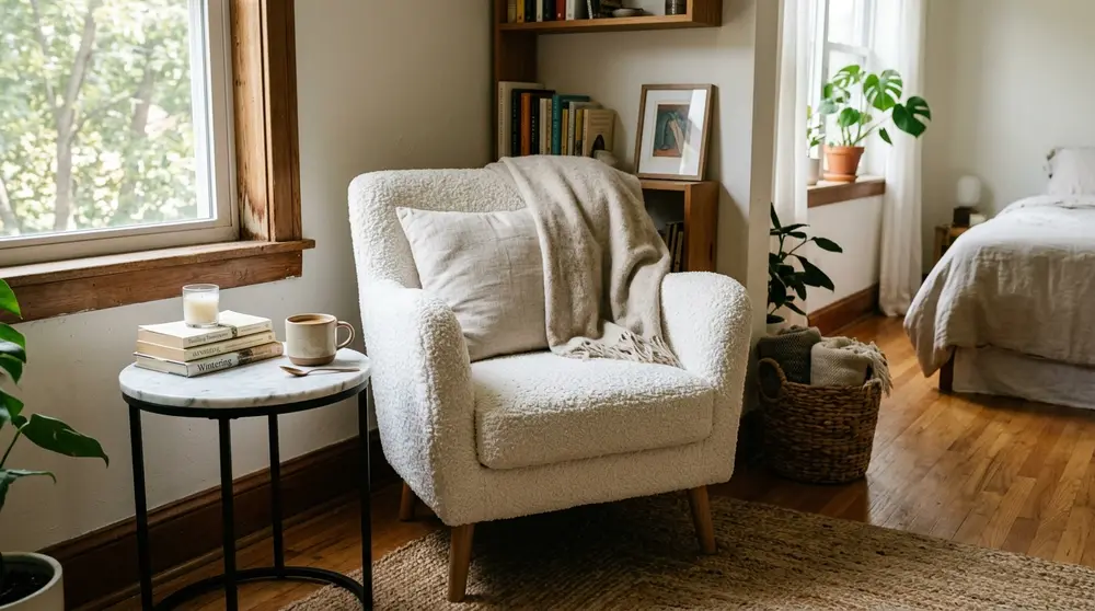 White bouclé accent chair in bedroom nook