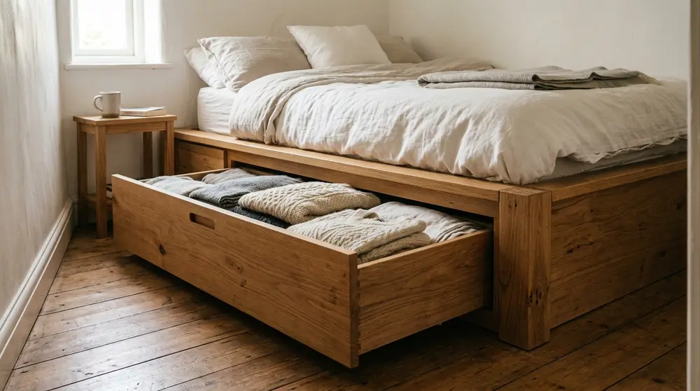 Hidden storage platform bed for small rooms