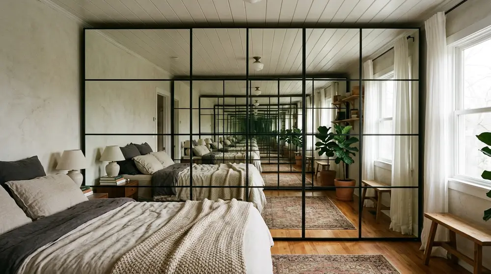 Floor to ceiling mirror wall in modern bedroom