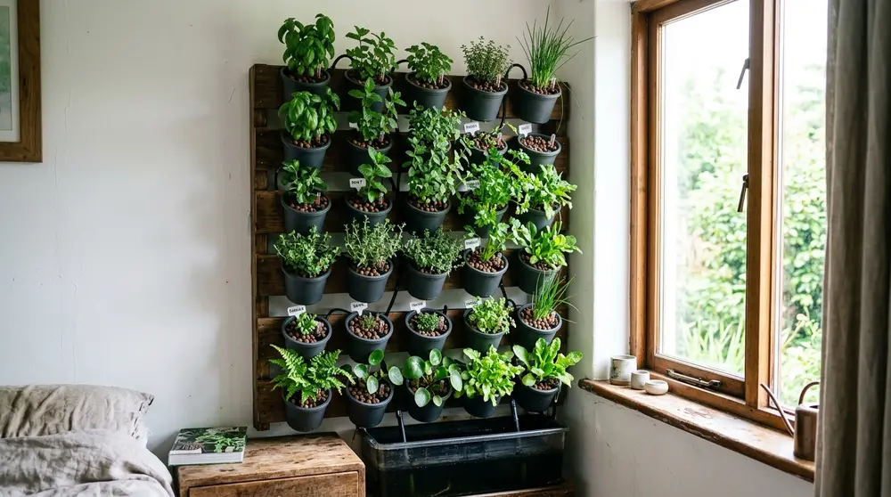 Vertical indoor plant wall in bedroom