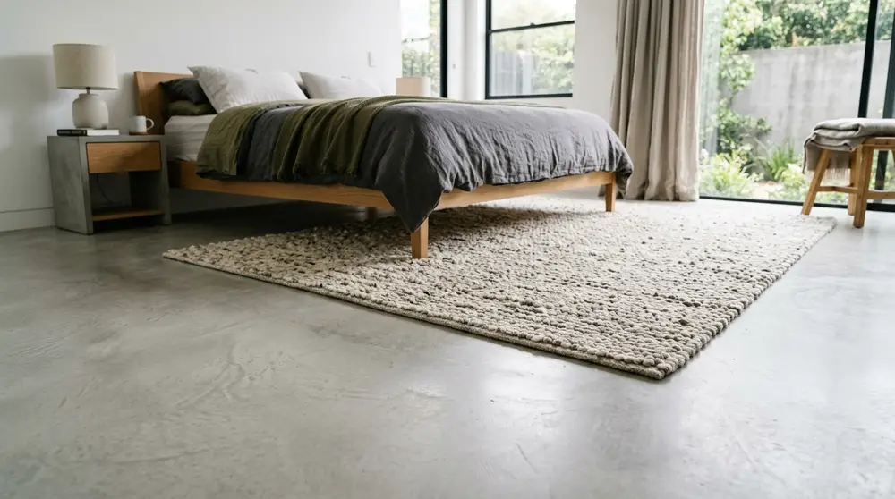 Polished micro-cement bedroom flooring