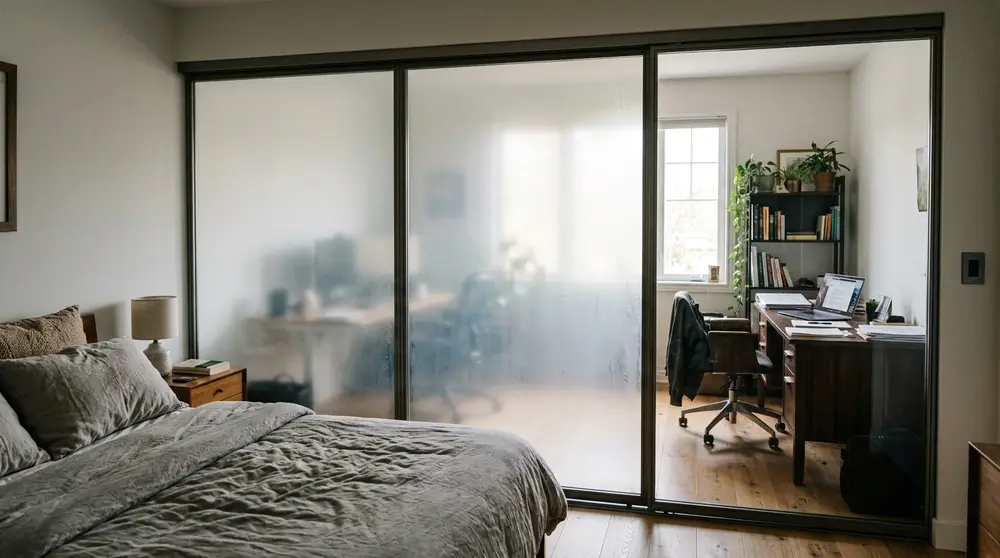 Smart glass privacy partition in bedroom