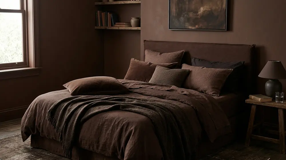 Cocoa brown monochromatic bedroom interior