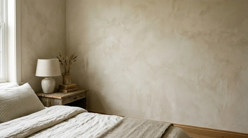 Limewash textured bedroom walls beige
