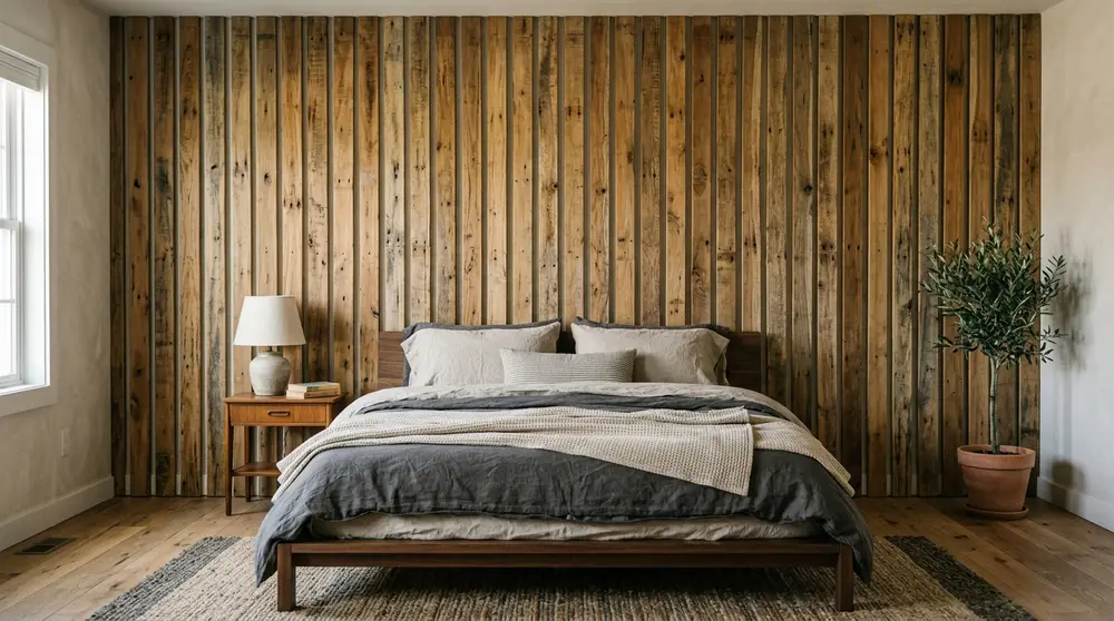 Reclaimed teak wood slat accent wall