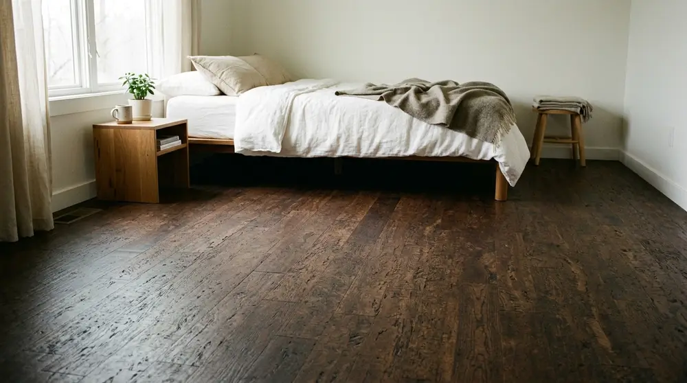 Sustainable cork flooring in modern bedroom