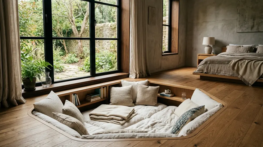 Sunken relaxation pit in modern bedroom