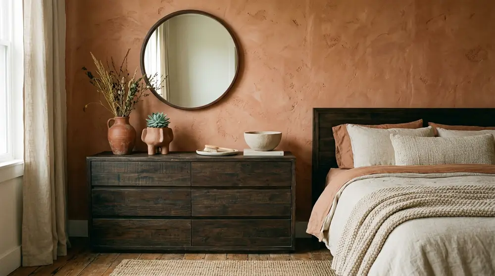 Terracotta clay accent wall bedroom