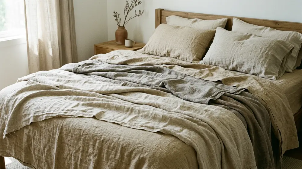 Layered hemp and linen bedding textures