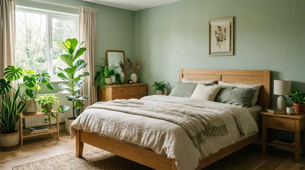 Sage green biophilic bedroom design