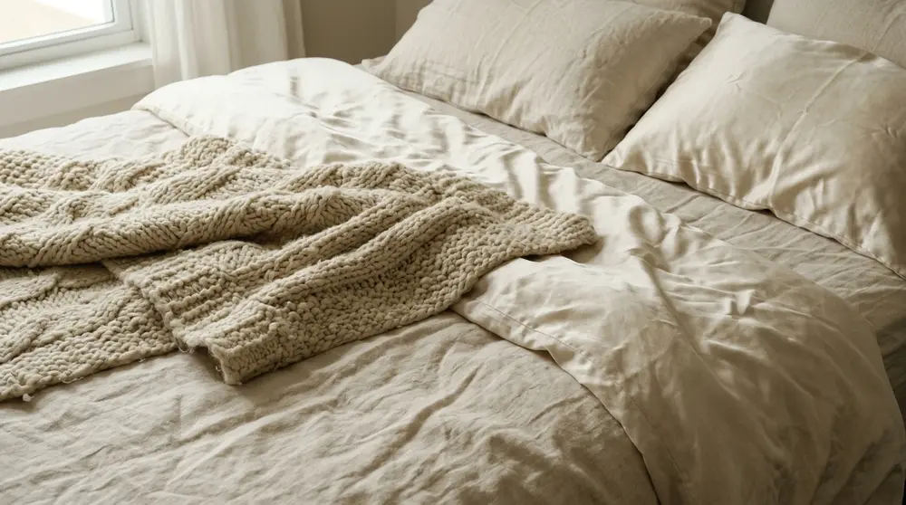 Tonal texture layering in modern bedroom bedding
