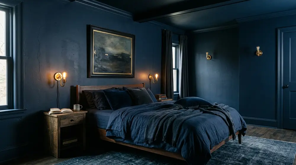 Moody color drenched bedroom in navy blue