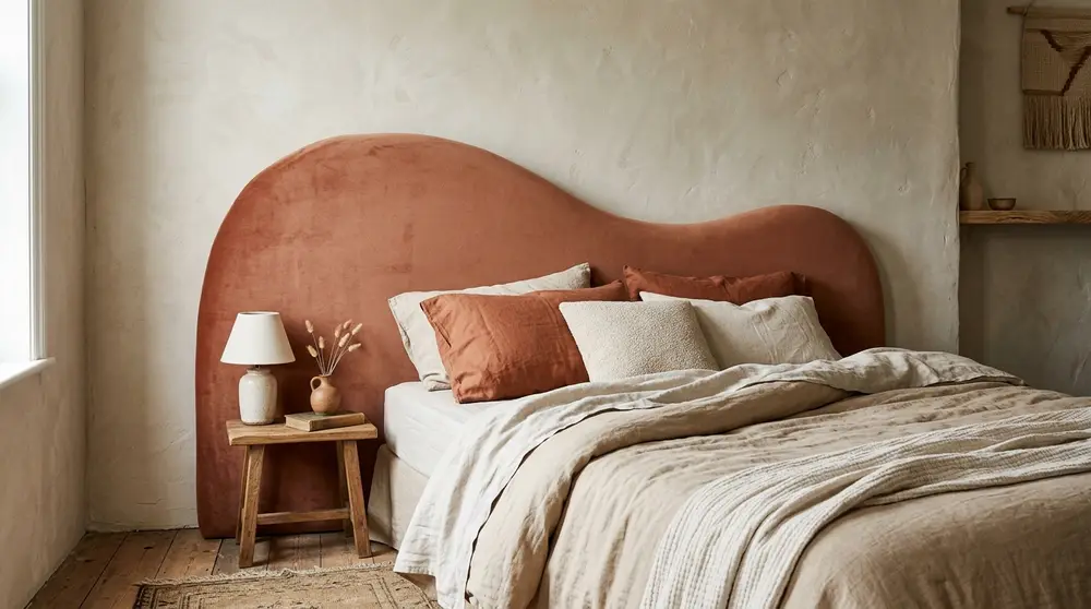 Curved sculptural velvet headboard