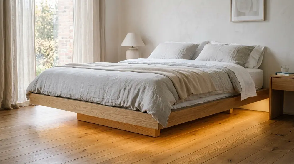 Floating bed frame with warm LED lighting